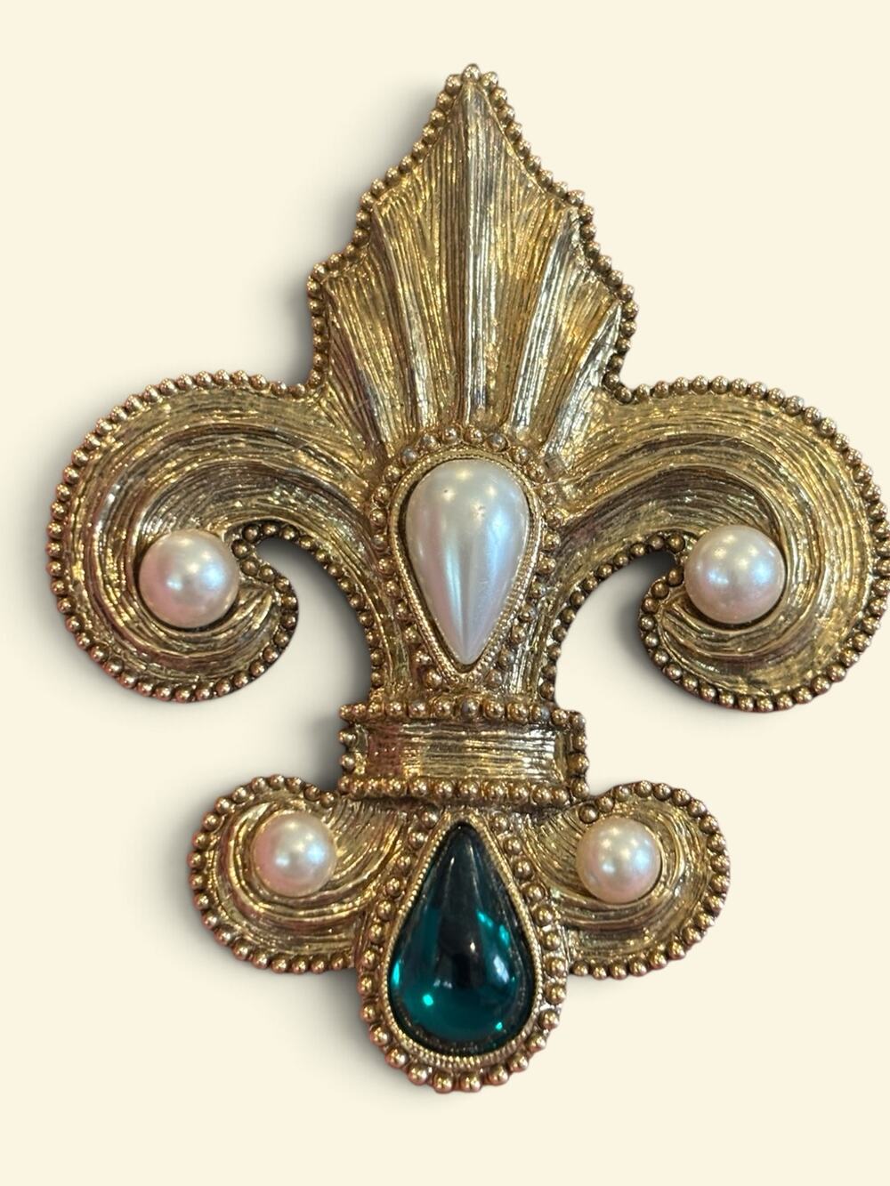 1928 Jewelry Fleur de Lis Brooch Pearl Emerald Green Medieval Statement Pin